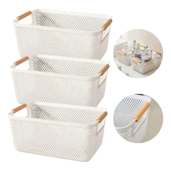 Kit 3 Cesto Organizador 27cm Multiuso Fruteira Alça Madeira