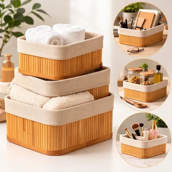 Kit 3 Cestos Domésticos Organizadores De Bambu Multiuso Com Forro Cestos Bambu Forro Lavável Retangular Armazenar Objetos Organizadores Retangulares Multiuso Casa - Nany Pink